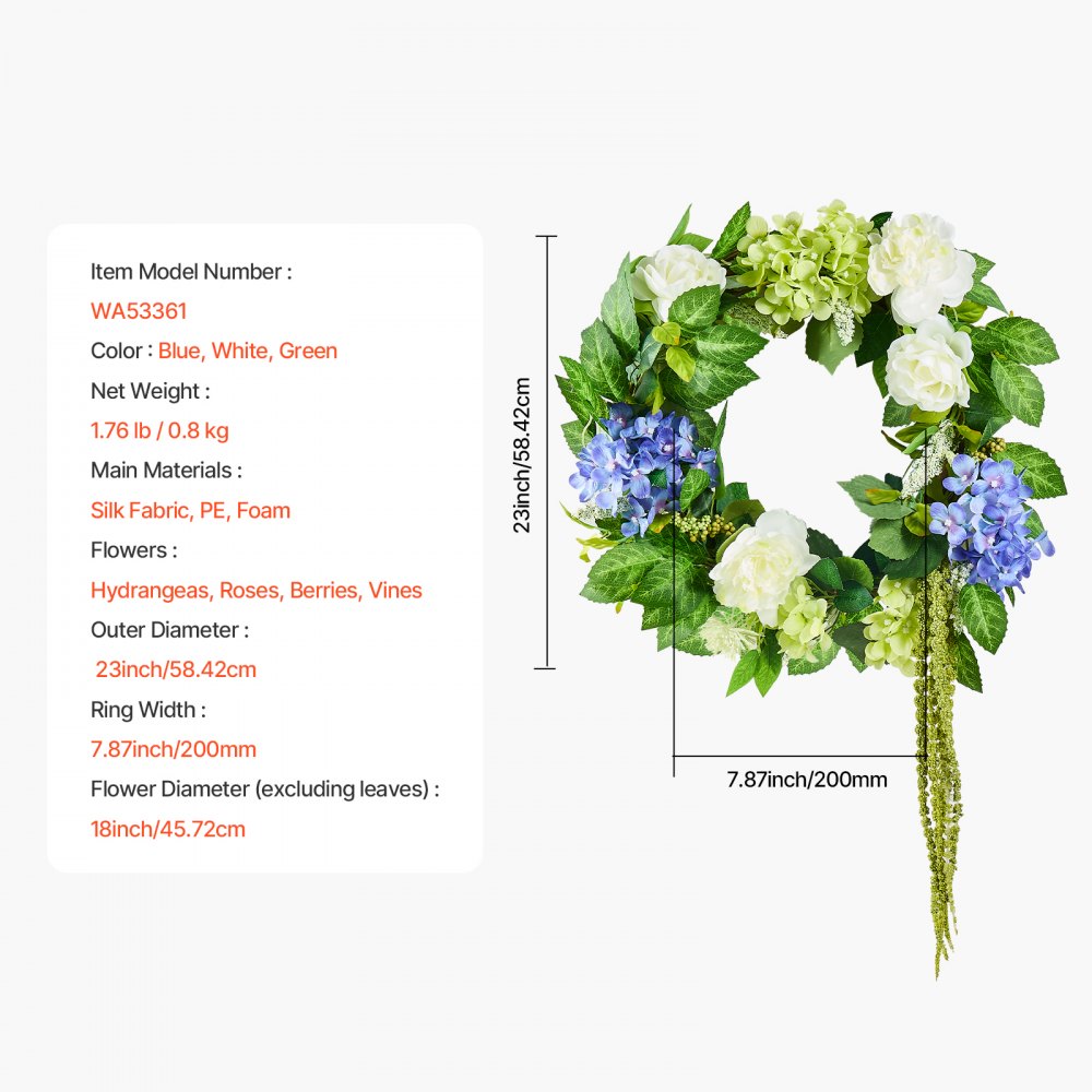 VEVOR Artificial Decorative Wreath, 23 in, Blue White Green, Decorated with Hydrangeas, Roses, Berries, Vines, Year Round Wreath for All Seasons Indoor and Outdoor Home Wall Window Festival Decor