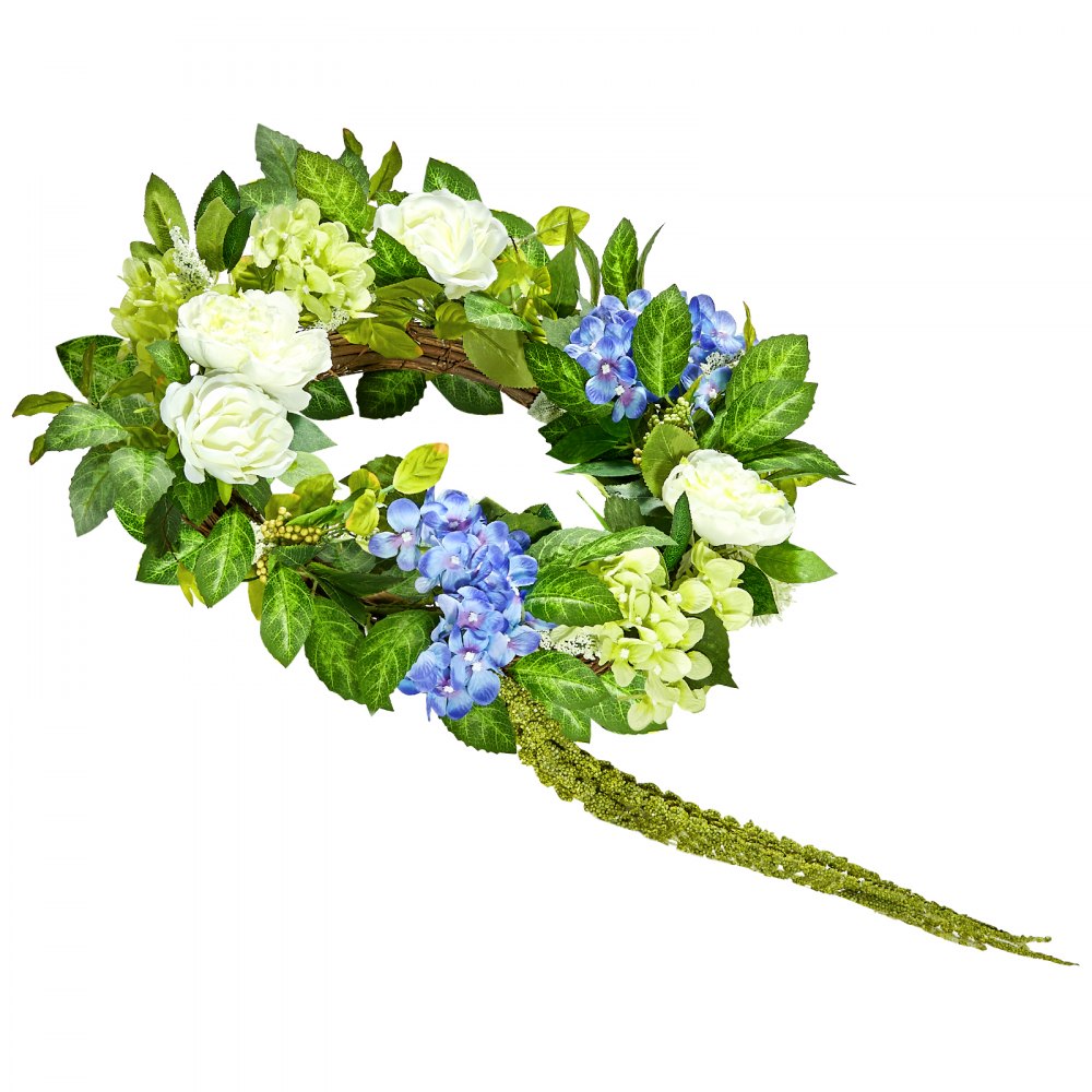 VEVOR Artificial Decorative Wreath, 23 in, Blue White Green, Decorated with Hydrangeas, Roses, Berries, Vines, Year Round Wreath for All Seasons Indoor and Outdoor Home Wall Window Festival Decor
