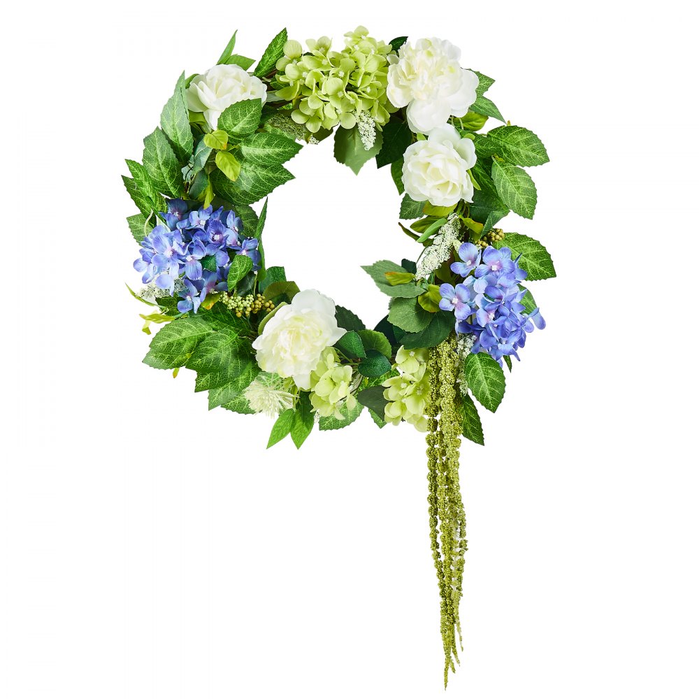 VEVOR Artificial Decorative Wreath, 23 in, Blue White Green, Decorated with Hydrangeas, Roses, Berries, Vines, Year Round Wreath for All Seasons Indoor and Outdoor Home Wall Window Festival Decor