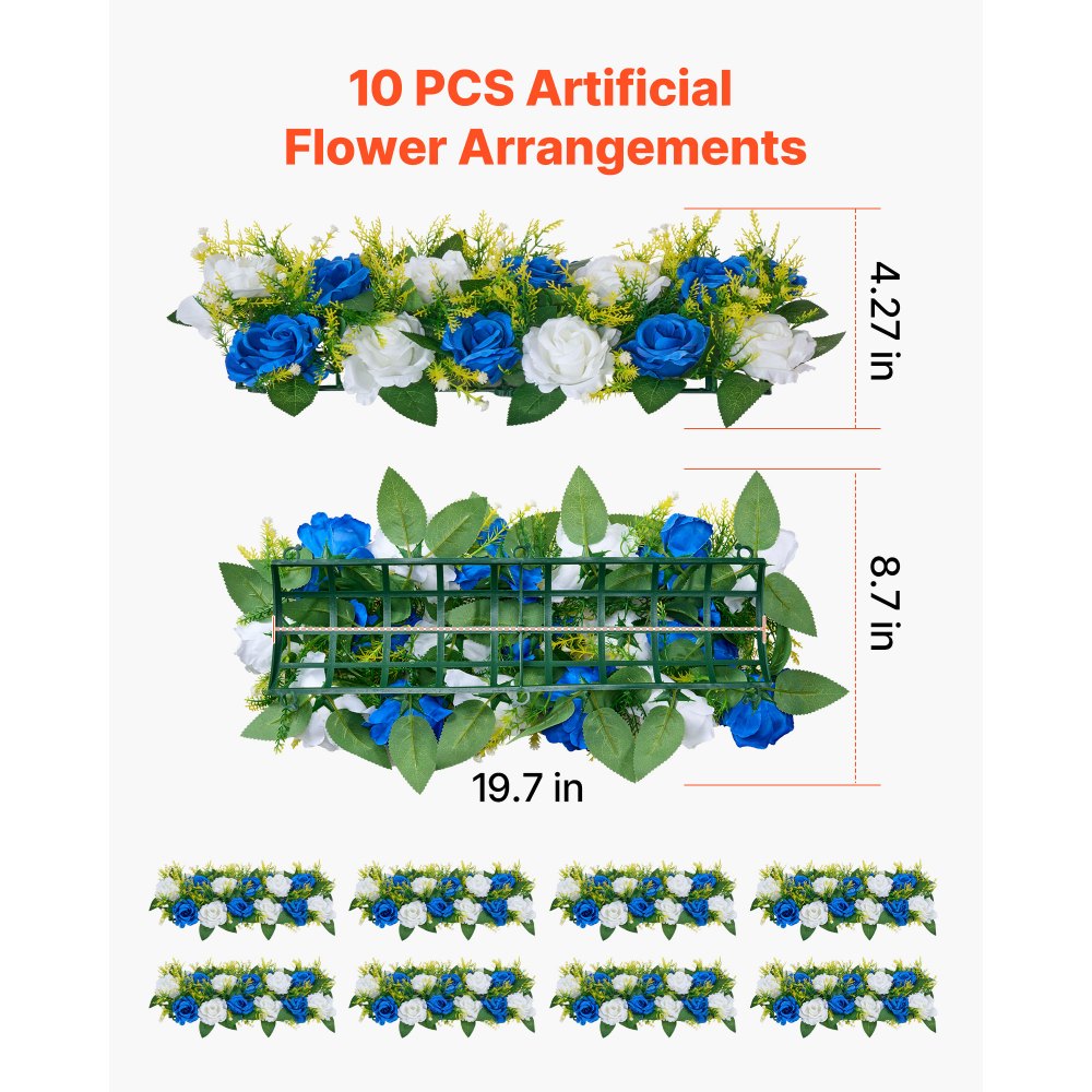 VEVOR Flower Ball Arrangement Bouquet 10 PCS, 19.6 x 8.6 Inch Artificial Flower Balls Wedding Table Centerpieces, Faux Rose Arrangements for Wedding Centerpiece Home Decoration, Blue and White Roses