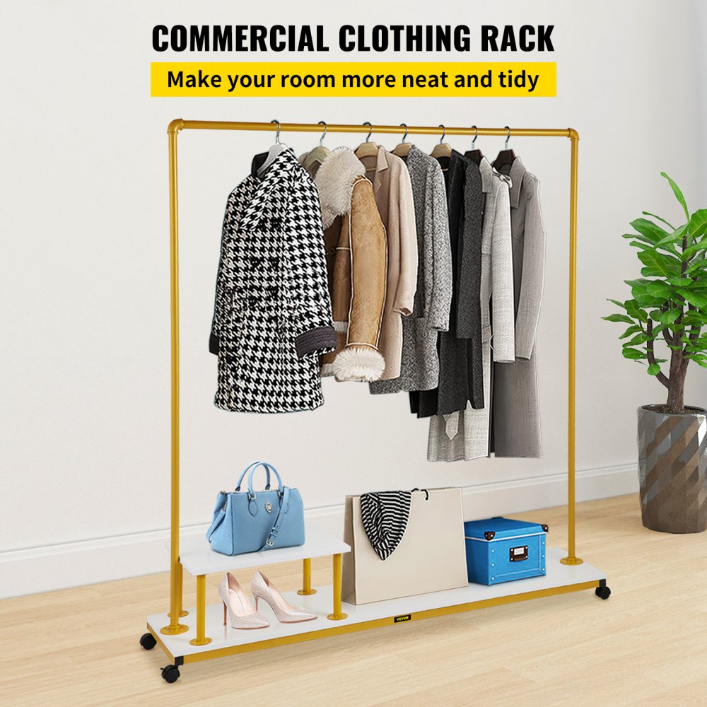 VEVOR Clothing Garment Rack, 59.1\"x14.2\"x63.0\", Heavy-Duty Clothes Rack with Bottom Shelf & Side Shelf, 4 Swivel Casters, Sturdy Steel Frame, Rolling Clothes Organizer for Retail Store Boutique, Go