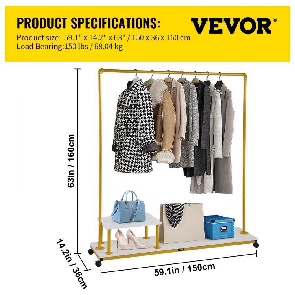 VEVOR Clothing Garment Rack, 59.1\"x14.2\"x63.0\", Heavy-Duty Clothes Rack with Bottom Shelf & Side Shelf, 4 Swivel Casters, Sturdy Steel Frame, Rolling Clothes Organizer for Retail Store Boutique, Go