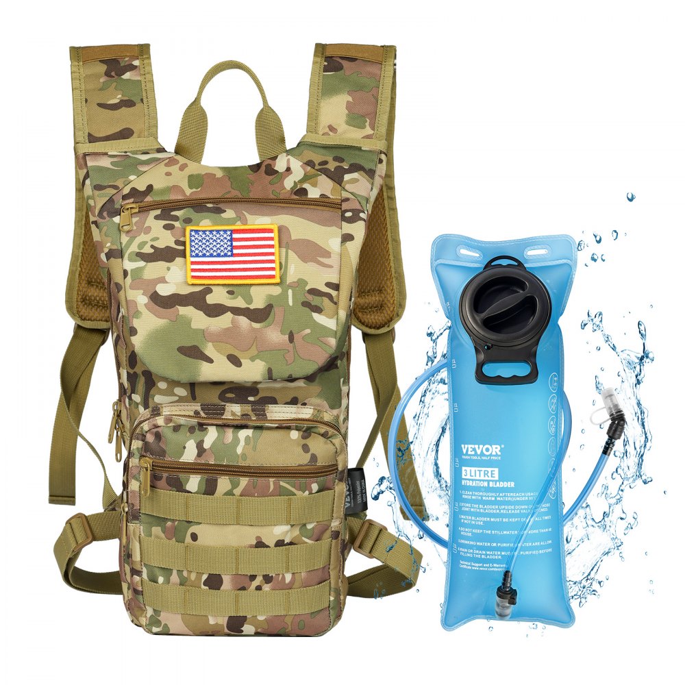 VEVOR Hydration Backpack, Water Backpack with 3L TPU Water Bladder, Tactical Molle Hiking Hydration Pack with Storage for Men Women, Hydro Water Daypack for Hiking Running Cycling Camping