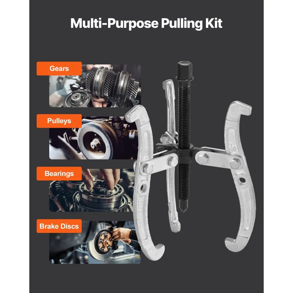 VEVOR Gear Puller Set, 3 in/4 in/6 in/8 in 3 Jaw Bearing Puller with Reversible Jaws, 2 Jaw/3 Jaw Pulley Puller Tool, 4 PCS Heavy Duty Bearing Puller Tool Kit for Pulley Gear Bearing Flywheel Removal