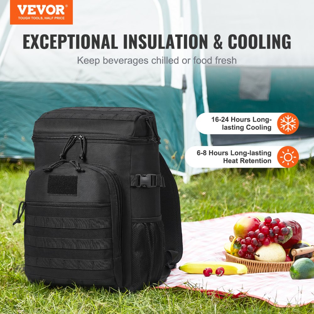 Cooler Bag, 25L Insulated Lunch Bag with Molle Design and Multi-pocket, 600D Cooler Lunch Box with Removable Storage Bags, Soft Cooler for Office, Picnic, Hiking, Beach or Beverage, Black