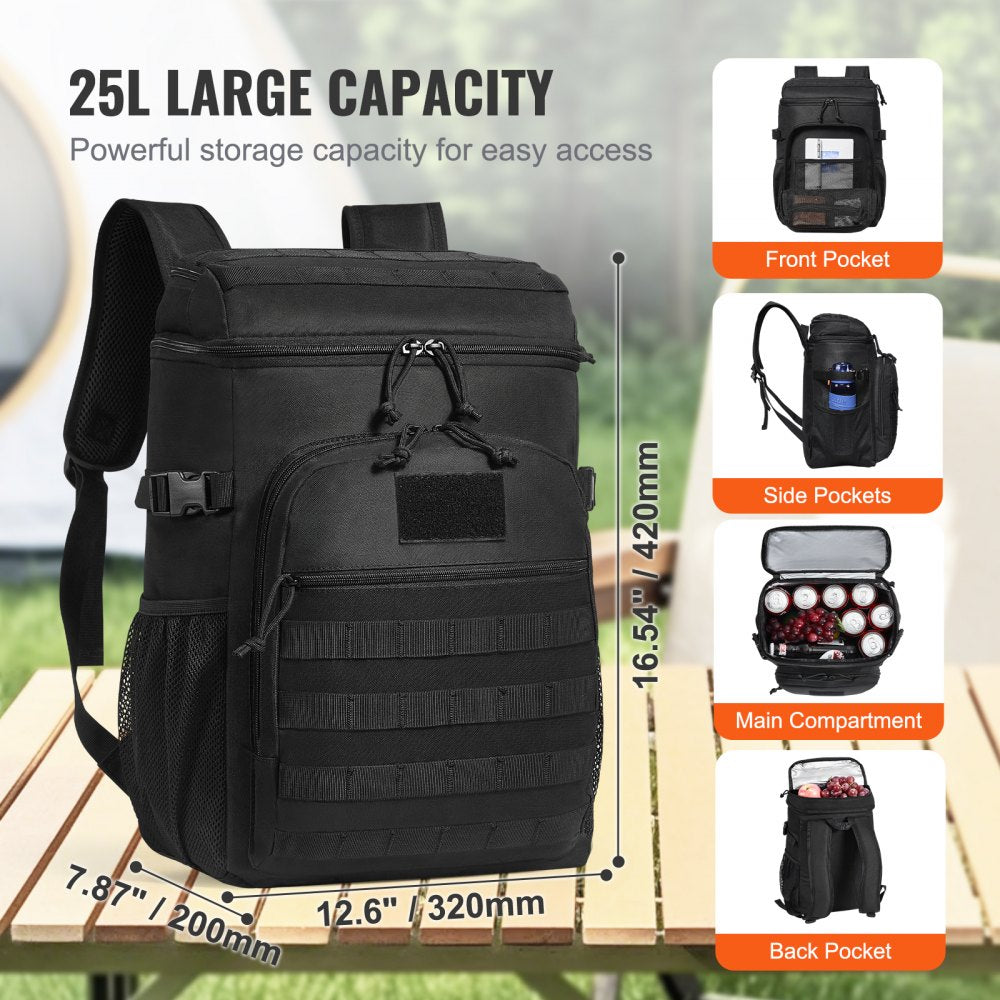 Cooler Bag, 25L Insulated Lunch Bag with Molle Design and Multi-pocket, 600D Cooler Lunch Box with Removable Storage Bags, Soft Cooler for Office, Picnic, Hiking, Beach or Beverage, Black
