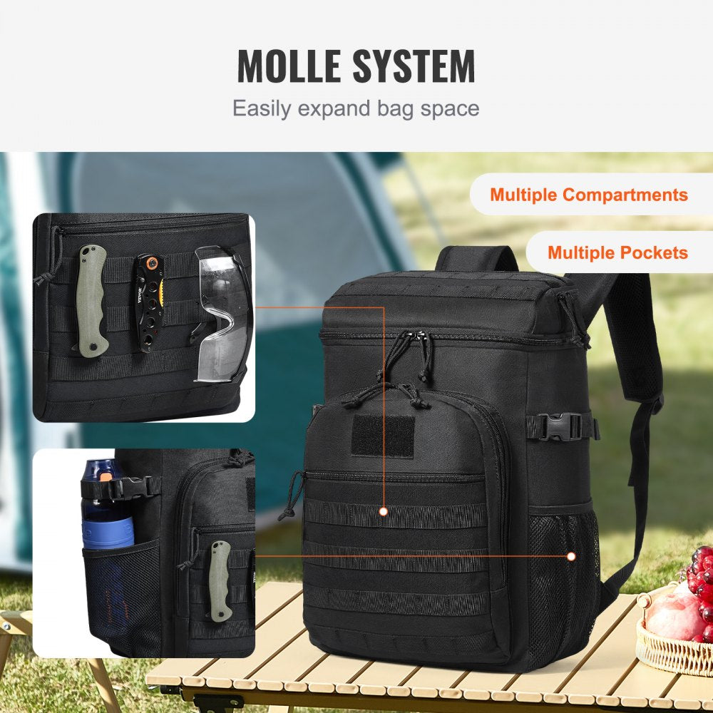 Cooler Bag, 25L Insulated Lunch Bag with Molle Design and Multi-pocket, 600D Cooler Lunch Box with Removable Storage Bags, Soft Cooler for Office, Picnic, Hiking, Beach or Beverage, Black