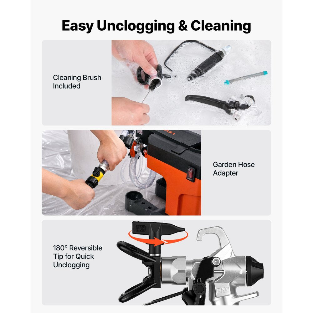 VEVOR Airless Paint Sprayer 650 W 3000 PSI High Pressure Airless Sprayer, For Interior & Exterior House Painting and DIY, Fine and Even, Lightweight Spray Machine with Tip Sets, Hose, Extension Rod