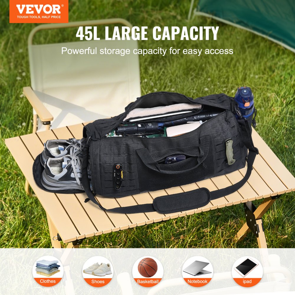 Tactical Duffle Bag, 45L Gym Bag Duffle with Molle Design and Shoe Compartment, Military Travel Bag for Men and Women, Tactical Gear Bag for Overnight, Sports, Fitness, Clothing, Travel, Black