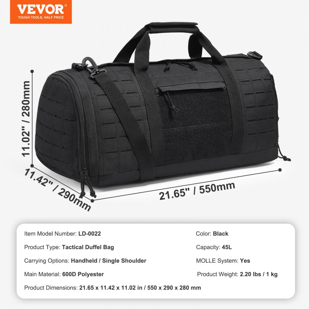 Tactical Duffle Bag, 45L Gym Bag Duffle with Molle Design and Shoe Compartment, Military Travel Bag for Men and Women, Tactical Gear Bag for Overnight, Sports, Fitness, Clothing, Travel, Black