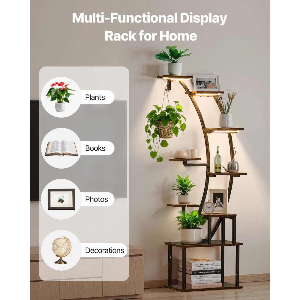 VEVOR Plant Stand Indoor with Grow Lights, 63 in Tall 9-Tier Lighted Plant Shelf, Metal Corner Plants Holder, 3 Timer & 10 Brightness, Curve-Shaped Flower Display Rack for Living Room Balcony Decor
