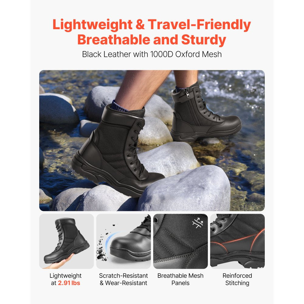 VEVOR Men's Military Tactical Boots, 8 inch Combat Hiking Work Boots, Lightweight & Breathable Side Zipper Mens Motorcycle Interceptor Trooper Boot, for Outdoor Security Mountaineering, US Size 12