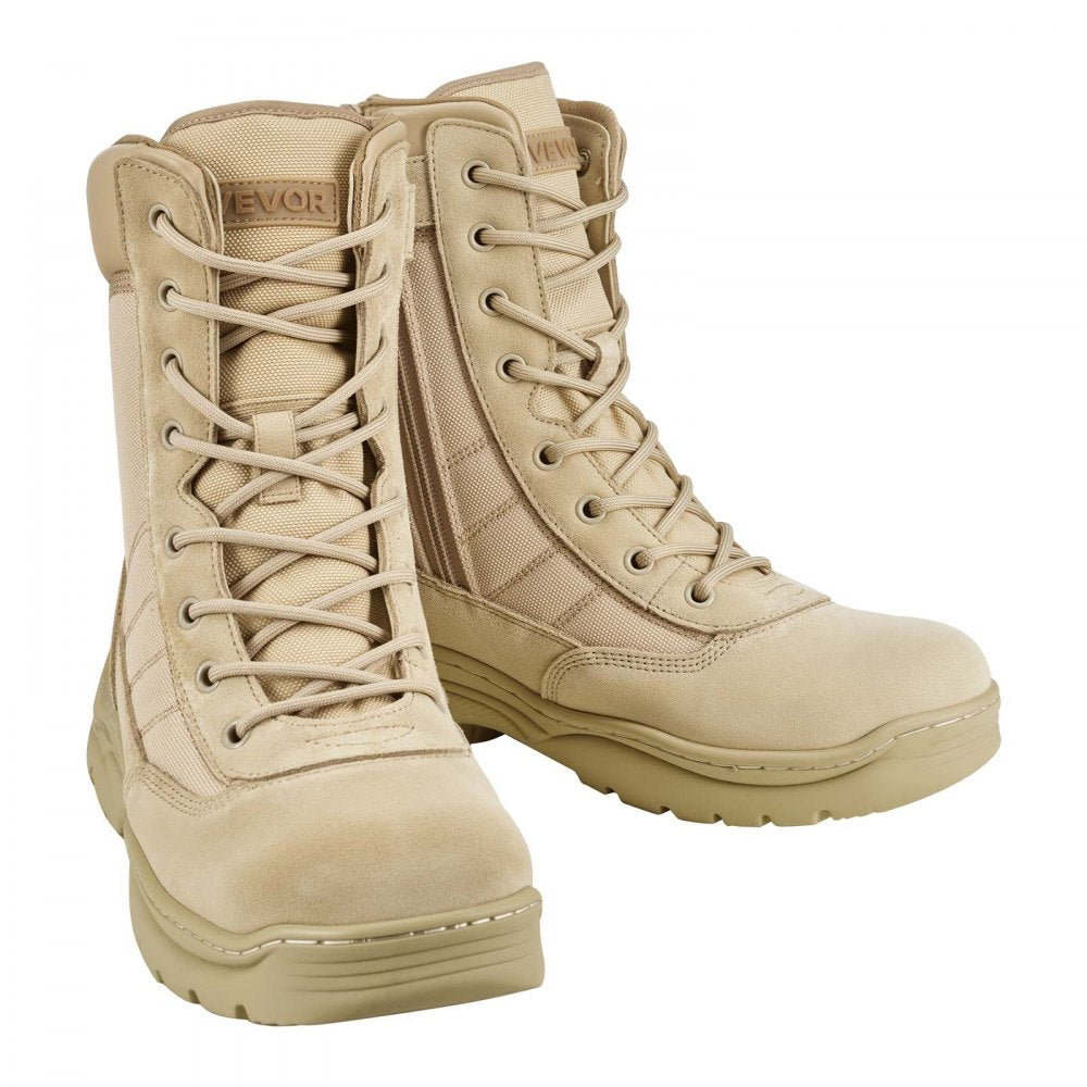 VEVOR Men's Military Tactical Boots, 8 inch Combat Hiking Work Boots, Lightweight & Breathable Side Zipper Motorcycle Interceptor Trooper Boot, for Outdoor Security, US Size 10.5 Sand-colored