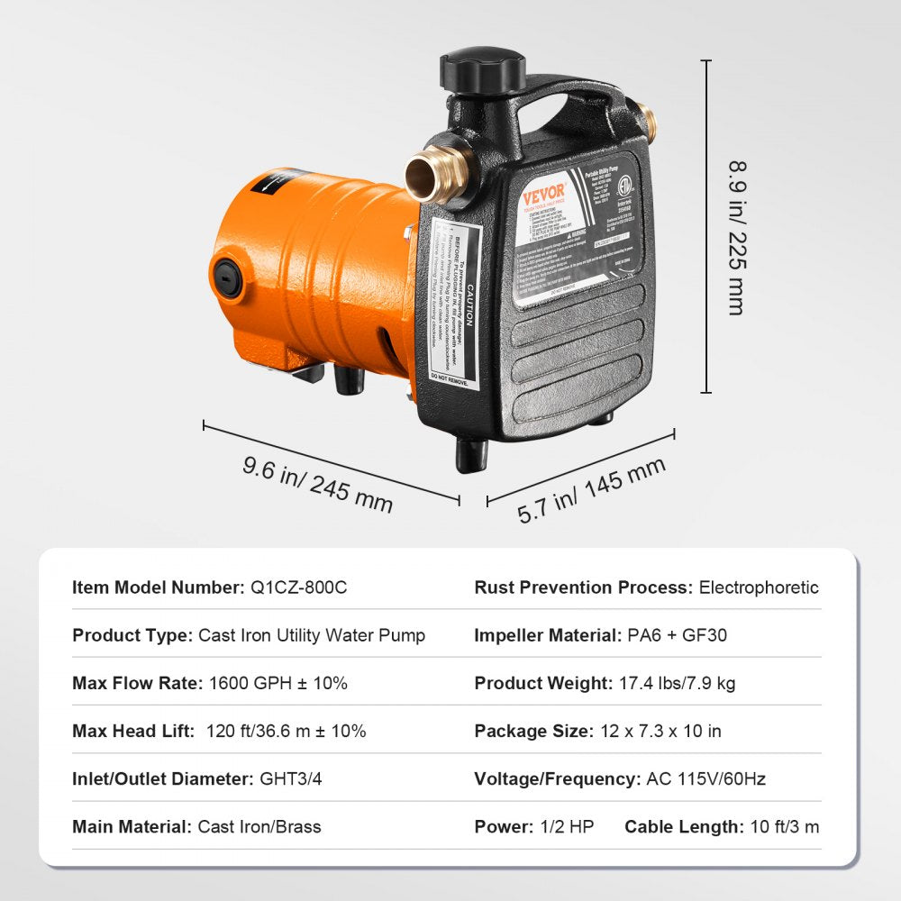 VEVOR Cast Iron Water Transfer Pump, 115V AC 1600 GPH 1/2HP, Portable Electric Utility Pump with Carbon Brush, Filter, Brass Connectors, for Garden, Rain Barrel, Pool, Pond, Hot Tub, Aquarium Draining