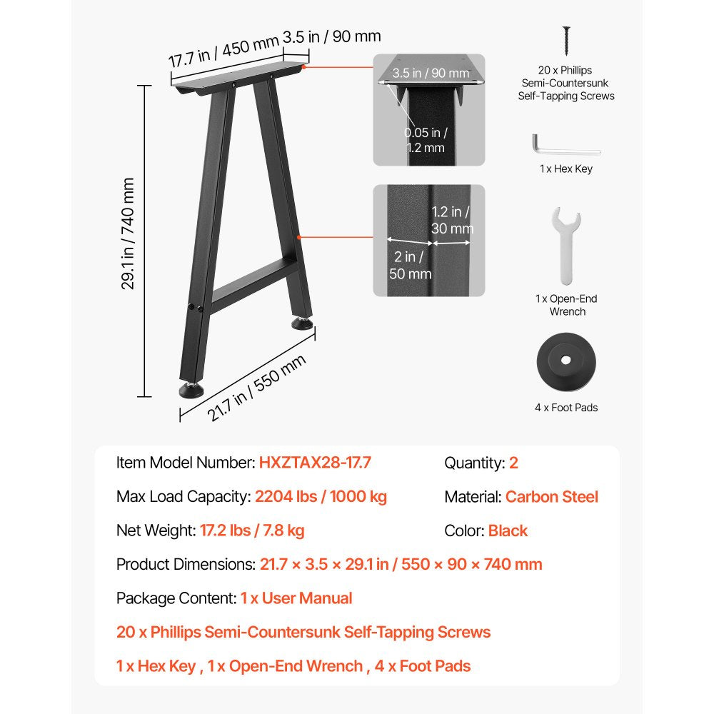 VEVOR Table Legs, 29.1" H x 21.7" W Trapezoid Steel Furniture Legs, Modular Design, Easy Assembly, 2204 lbs Max Load Heavy Duty, Ideal for Home Office Desk, Coffee Dinner Bar Tables,Set of 2, Black