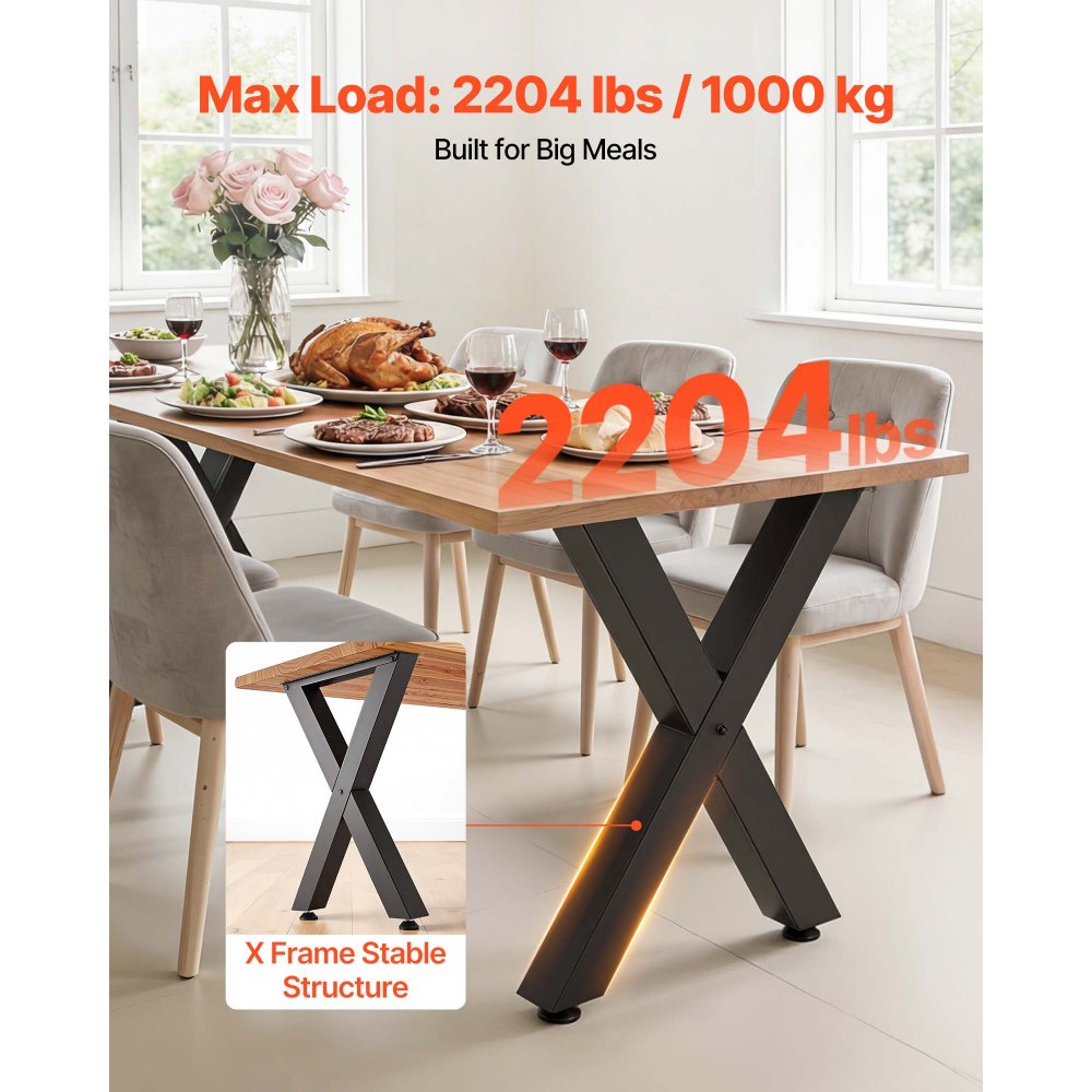 VEVOR Table Legs, 29.5" H x 23.6" W Steel Furniture Legs, Modular Design, Easy Assembly, 2204 lbs Max Load Heavy Duty, for Home Office Desk, Coffee Dinner Bar Tables, Workbench,2 PCS, X Frame, Black