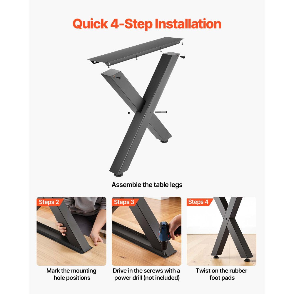 VEVOR Table Legs, 29.5" H x 23.6" W Steel Furniture Legs, Modular Design, Easy Assembly, 2204 lbs Max Load Heavy Duty, for Home Office Desk, Coffee Dinner Bar Tables, Workbench,2 PCS, X Frame, Black