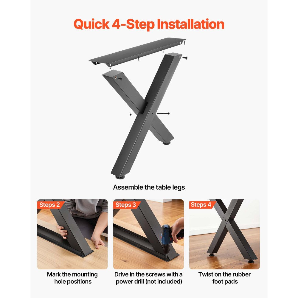 VEVOR Table Legs, 29.5" H x 29.9" W Steel Furniture Legs, Modular Design, Easy Assembly, 2204 lbs Max Load Heavy Duty, for Home Office Desk, Coffee Dinner Bar Tables, Workbench,2 PCS, X Frame, Black