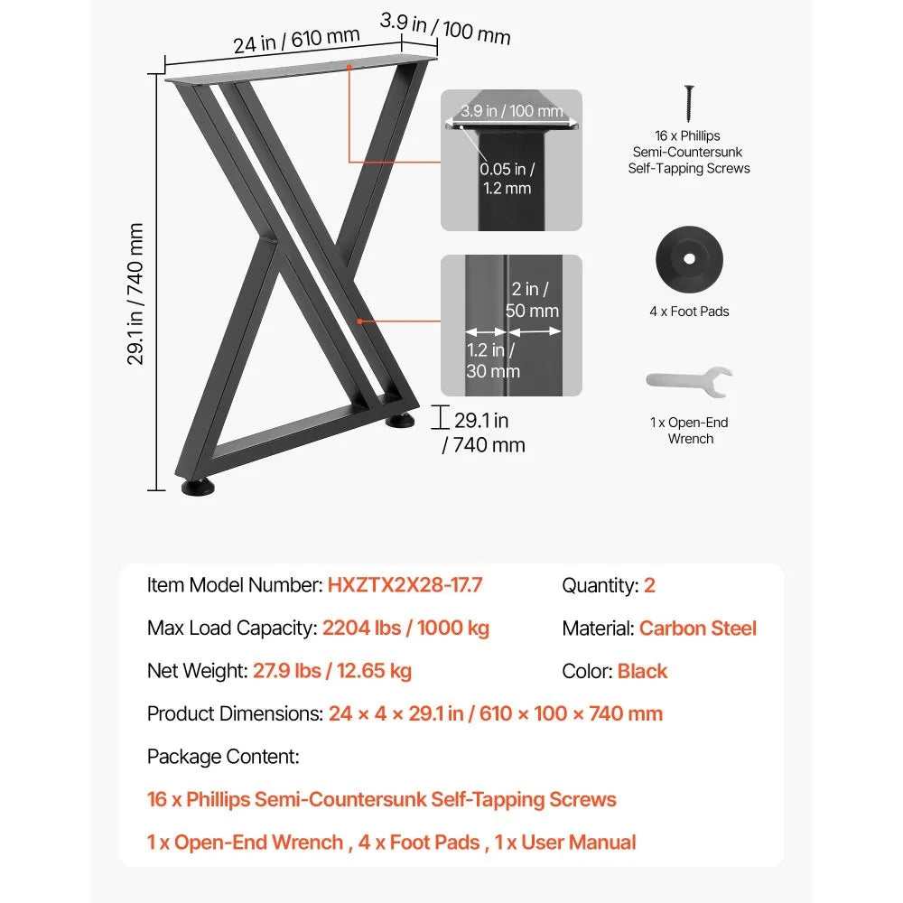 VEVOR Table Legs, 29.1" H x 24" W Steel Furniture Legs, 2204 lbs Max Load Heavy Duty, Easy Installation, Sturdy & Stable for Home Office Desk DIY, Coffee Dinner Bar Tables, Workbench,Set of 2, Black