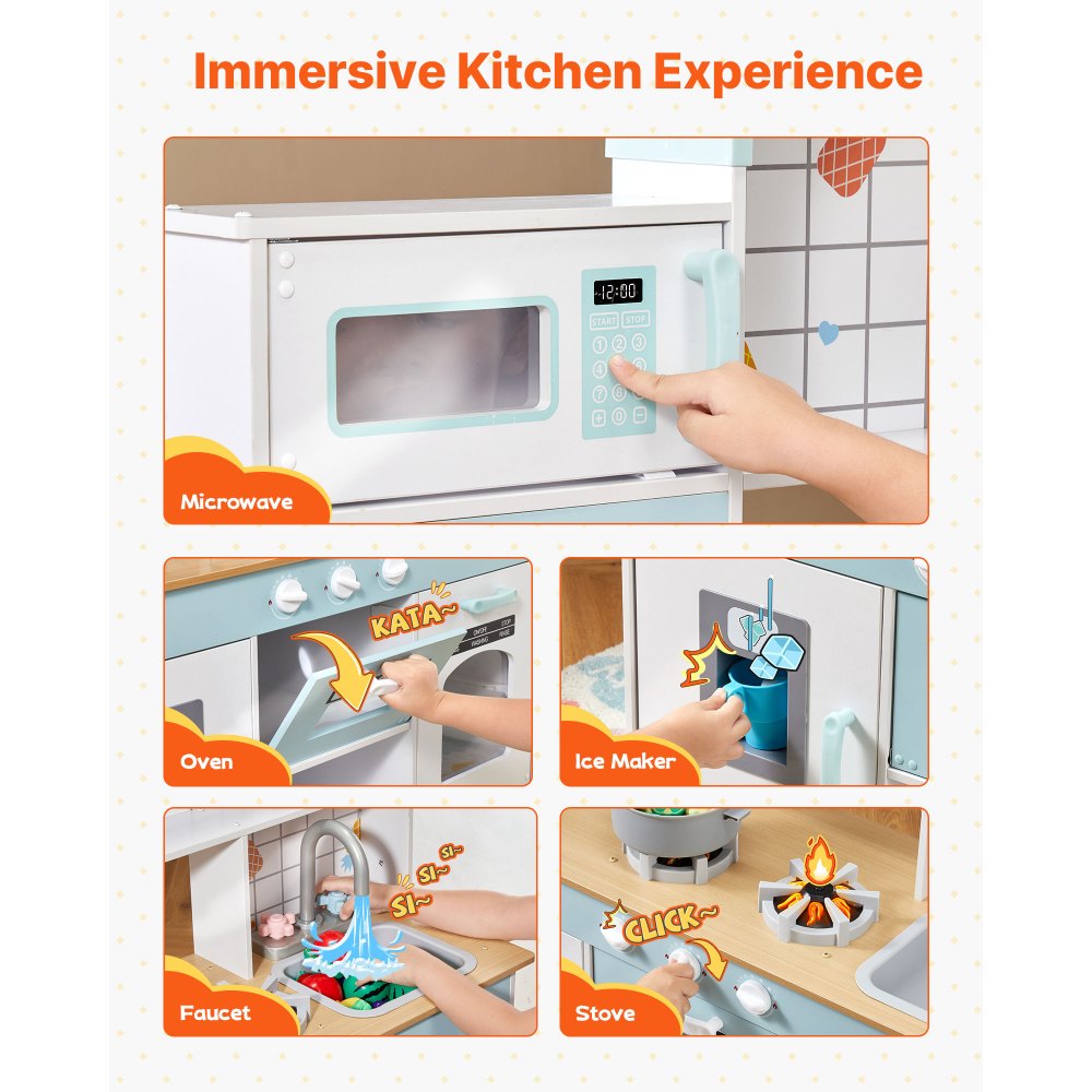 VEVOR Play Kitchen for Kids, Wooden Toy Kitchen Set with Lights and Sounds, Toddler Kitchen with Ice Maker, Oven, Sink, Microwaves, Fridge and Utensil and Fruit Accessory for Toddlers ages 3-8, White