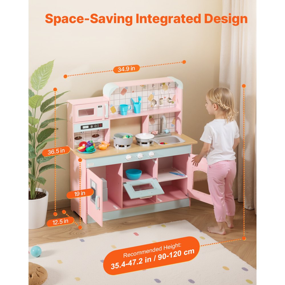 VEVOR Play Kitchen for Kids, Wooden Toy Kitchen Set with Lights and Sounds, Toddler Kitchen with Ice Maker, Oven, Sink, Microwaves, Fridge and Utensil and Fruit Accessory for Toddlers ages 3-8,Pink