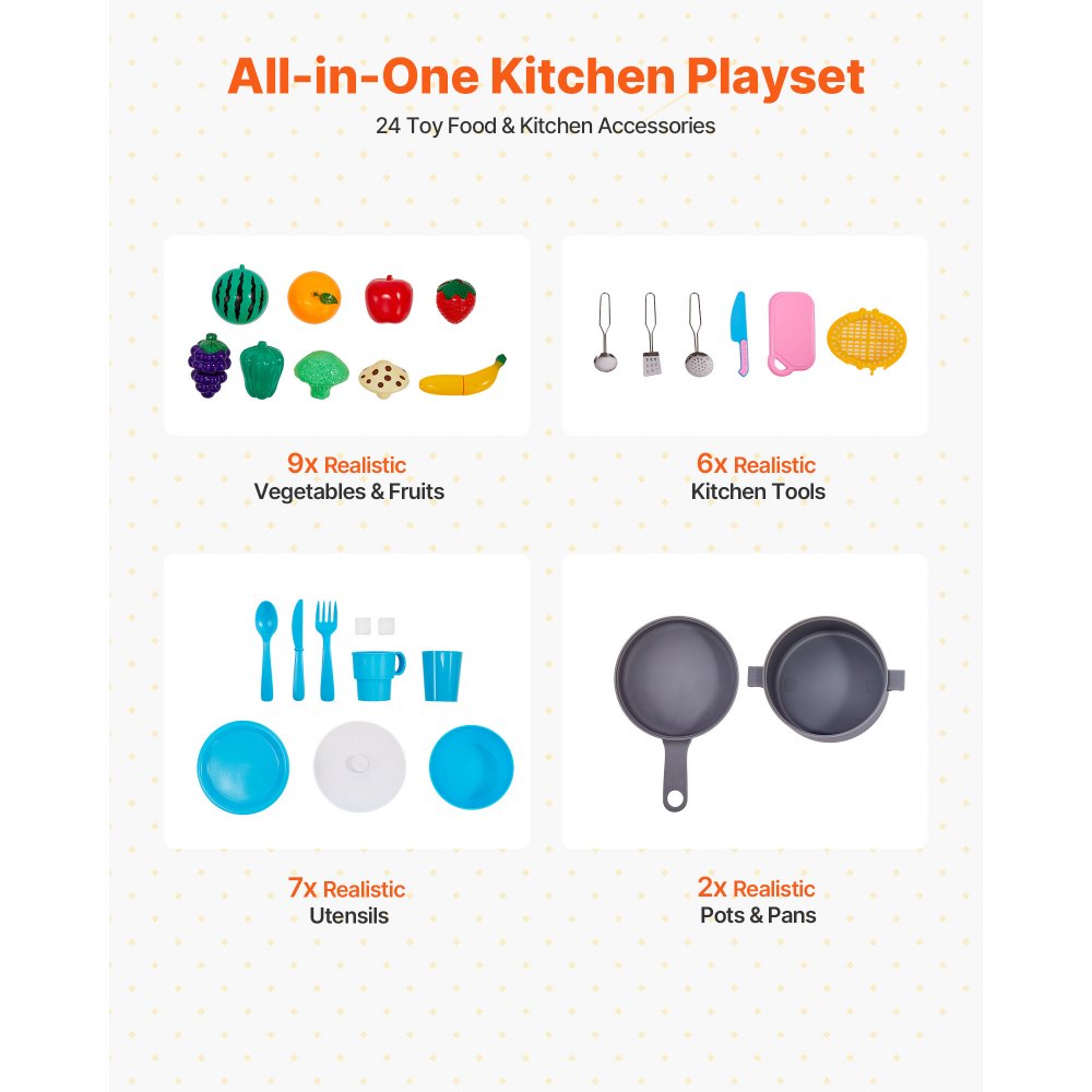 VEVOR Play Kitchen for Kids, Wooden Toy Kitchen Set with Lights and Sounds, Toddler Kitchen with Ice Maker, Oven, Sink, Microwaves, Fridge and Utensil and Fruit Accessory for Toddlers ages 3-8,Pink