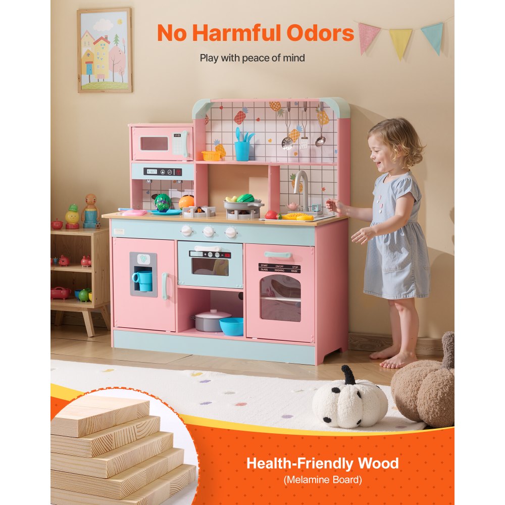 VEVOR Play Kitchen for Kids, Wooden Toy Kitchen Set with Lights and Sounds, Toddler Kitchen with Ice Maker, Oven, Sink, Microwaves, Fridge and Utensil and Fruit Accessory for Toddlers ages 3-8,Pink