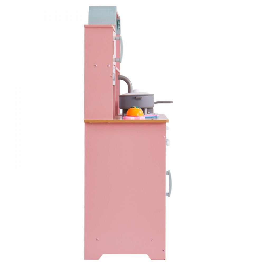 VEVOR Play Kitchen for Kids, Wooden Toy Kitchen Set with Lights and Sounds, Toddler Kitchen with Ice Maker, Oven, Sink, Microwaves, Fridge and Utensil and Fruit Accessory for Toddlers ages 3-8,Pink
