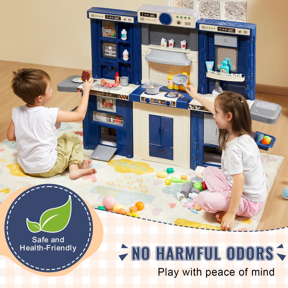 VEVOR Kids Kitchen Playset, 3-in-1 Toddler Kitchen with Simulated Spray, Sounds and Lights, Play Kitchen Set with 74 PCS Cooking Accessory Set for Toddlers, Preschoolers, Children Ages 3-8, Blue