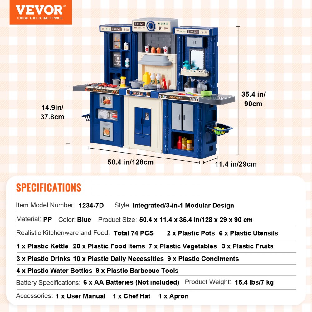 VEVOR Kids Kitchen Playset, 3-in-1 Toddler Kitchen with Simulated Spray, Sounds and Lights, Play Kitchen Set with 74 PCS Cooking Accessory Set for Toddlers, Preschoolers, Children Ages 3-8, Blue