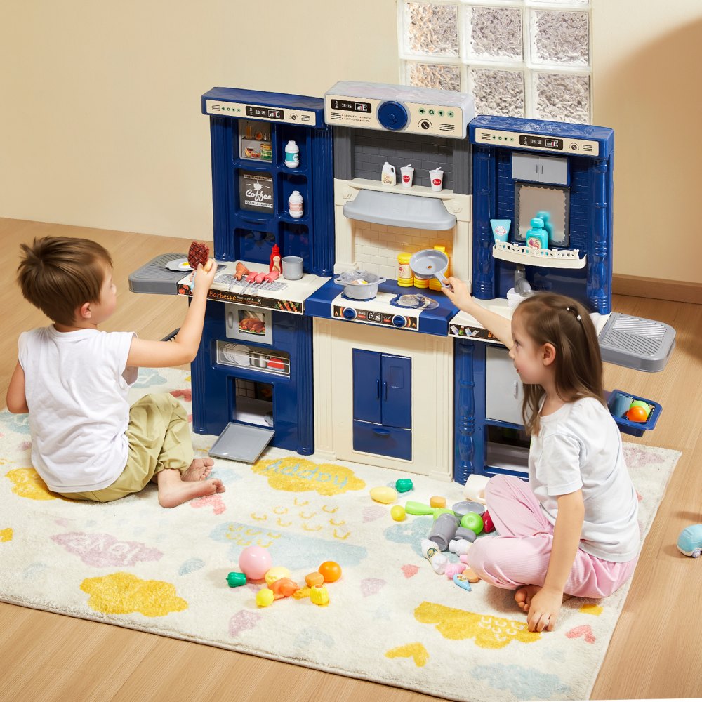 VEVOR Kids Kitchen Playset, 3-in-1 Toddler Kitchen with Simulated Spray, Sounds and Lights, Play Kitchen Set with 74 PCS Cooking Accessory Set for Toddlers, Preschoolers, Children Ages 3-8, Blue