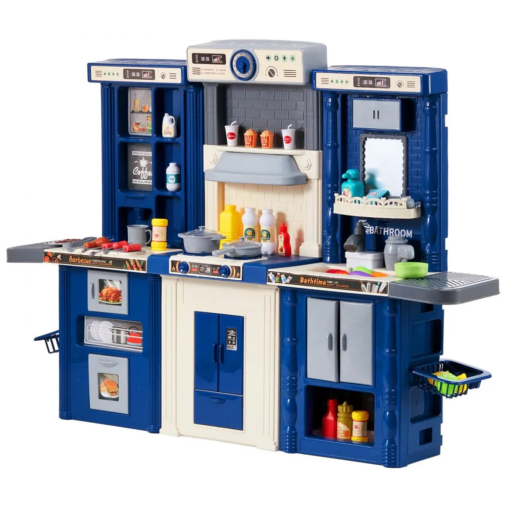 VEVOR Kids Kitchen Playset, 3-in-1 Toddler Kitchen with Simulated Spray, Sounds and Lights, Play Kitchen Set with 74 PCS Cooking Accessory Set for Toddlers, Preschoolers, Children Ages 3-8, Blue