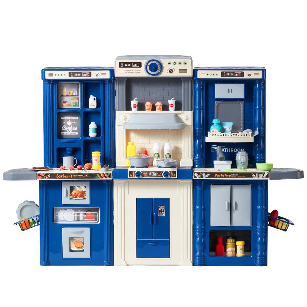 VEVOR Kids Kitchen Playset, 3-in-1 Toddler Kitchen with Simulated Spray, Sounds and Lights, Play Kitchen Set with 74 PCS Cooking Accessory Set for Toddlers, Preschoolers, Children Ages 3-8, Blue