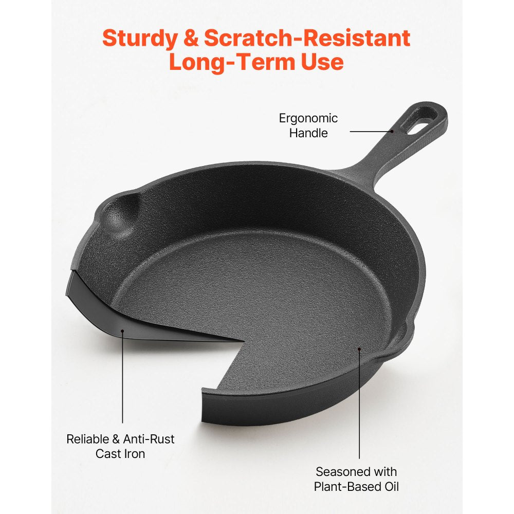 VEVOR Cast Iron Skillet, 3-Piece Frying Pan Set (6, 8, 10 in), Heavy-Duty Skillets with Heat-Resistant Handle, Pre-Seasoned Chef's Pan, Kitchen Cookware, for Oven, Gas, Electrical, Induction, Black