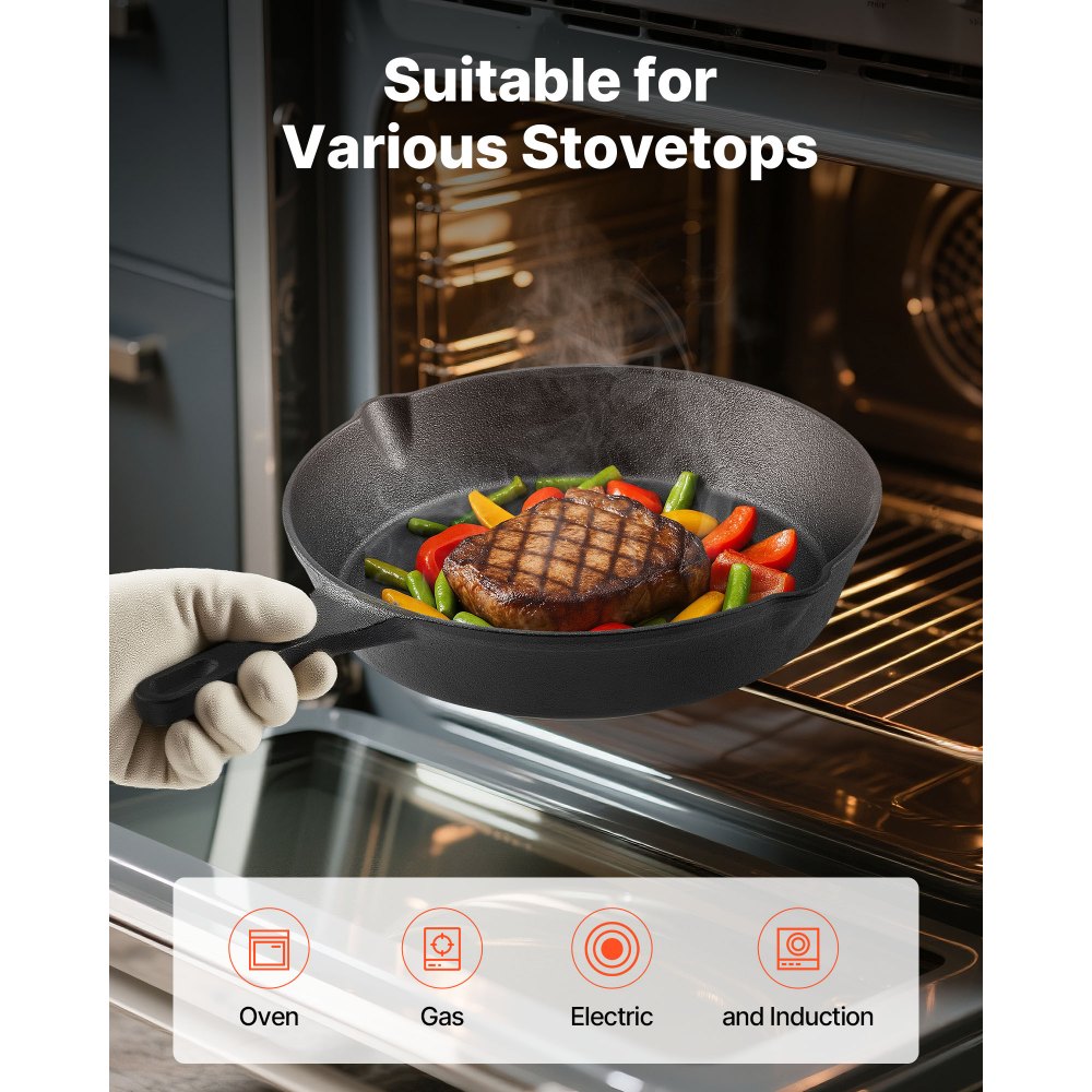 VEVOR Cast Iron Skillet, 3-Piece Frying Pan Set (6, 8, 10 in), Heavy-Duty Skillets with Heat-Resistant Handle, Pre-Seasoned Chef's Pan, Kitchen Cookware, for Oven, Gas, Electrical, Induction, Black