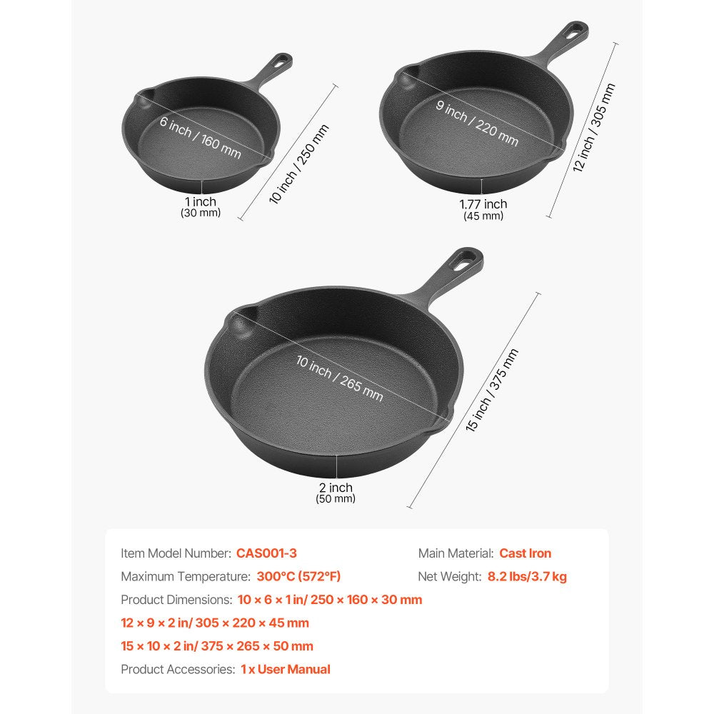 VEVOR Cast Iron Skillet, 3-Piece Frying Pan Set (6, 8, 10 in), Heavy-Duty Skillets with Heat-Resistant Handle, Pre-Seasoned Chef's Pan, Kitchen Cookware, for Oven, Gas, Electrical, Induction, Black