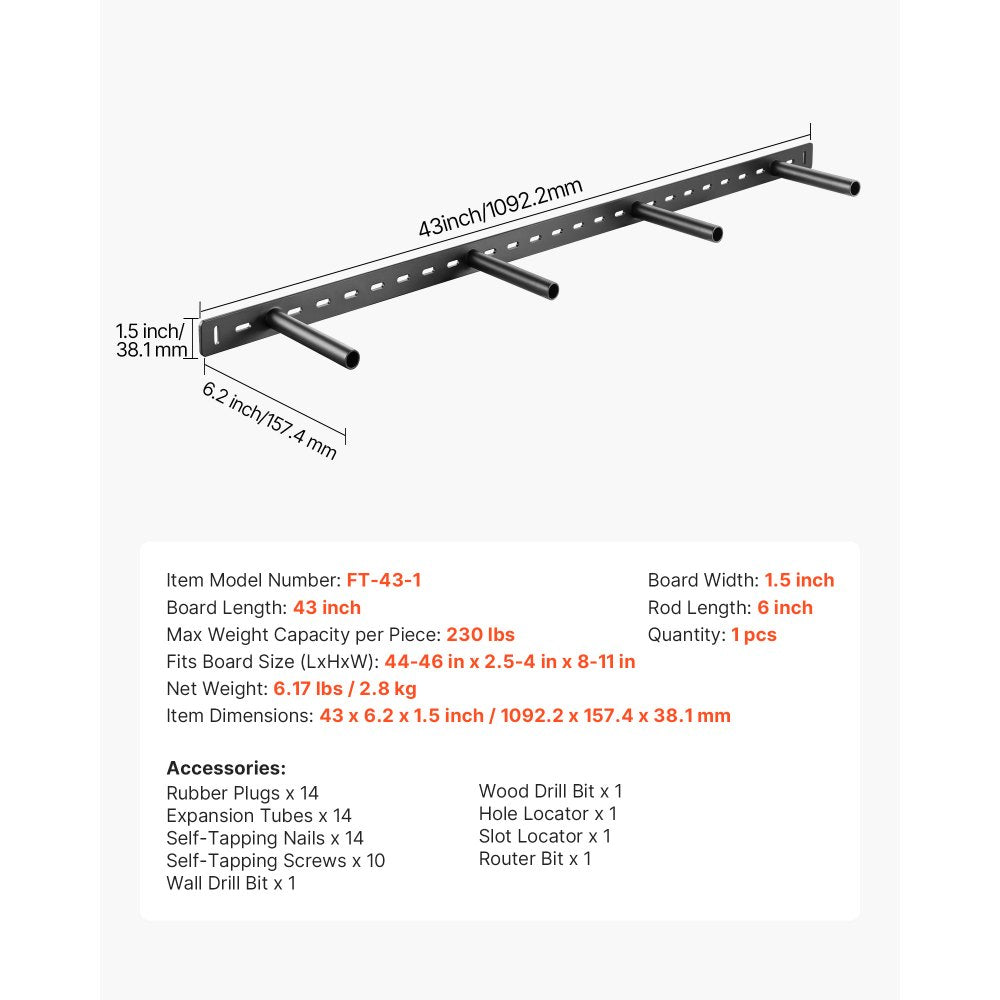 VEVOR Floating Shelf Bracket 1 Pack, 230 lbs/104 kg Weight Capacity, 43x6.2x1.5 inch / 1092.2x157.4x38.1 mm, Heavy Duty Hidden Shelf Brackets Support, Wall Mounting Invisible Floating Shelves Bracket