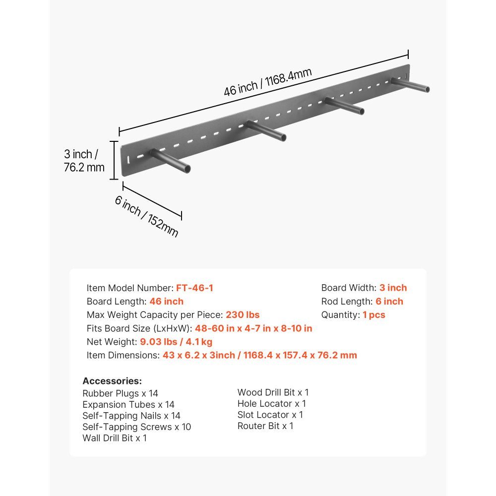 VEVOR Floating Shelf Bracket 1 Pack, 230 lbs/104 kg Weight Capacity, 46x6.2x3 inch / 1168.4x157.4x76.2 mm, Heavy Duty Hidden Shelf Brackets Support, Wall Mounting Invisible Floating Shelves Bracket