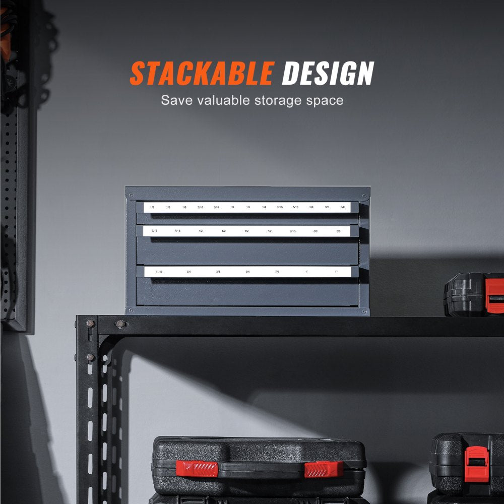 VEVOR Three-Drawer Steel Cabinet for End Mill Organization, Accommodates 1/8" to 1", Features 29 Compartments with Labels, Stackable Design for Efficient Storage