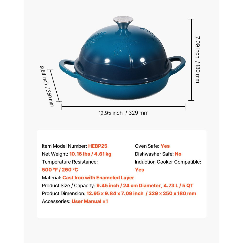 VEVOR Enameled Cast Iron Dutch Oven, 5 Quart Pot for Sourdough Bread Baking, Heavy-Duty Cookware Pan with Lid and Dual Handles, Oven Induction Compatible up to 500℉, for Cooking Roasting