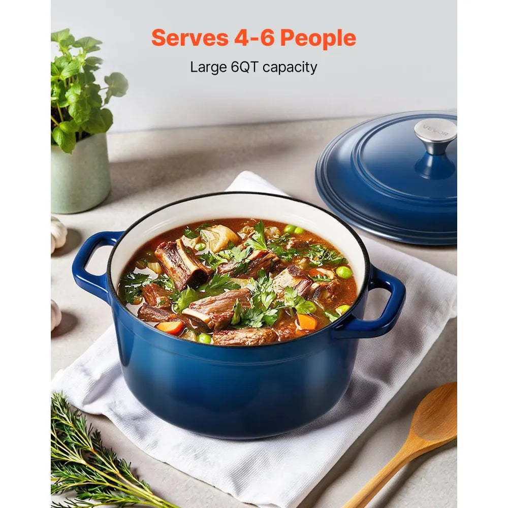 VEVOR Enameled Cast Iron Dutch Oven, 6 Quart Pot with Lid and Dual Handles, Heavy-Duty Durable Cookware Pan, Oven Induction Compatible up to 500℉, for Braising, Stews, Roasting, Bread Baking, Blue