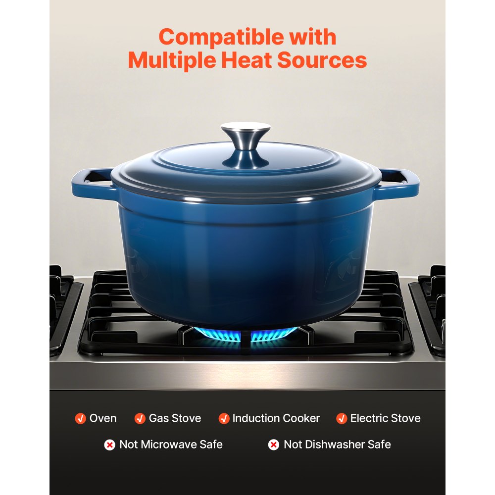 VEVOR Enameled Cast Iron Dutch Oven, 6 Quart Pot with Lid and Dual Handles, Heavy-Duty Durable Cookware Pan, Oven Induction Compatible up to 500℉, for Braising, Stews, Roasting, Bread Baking, Blue
