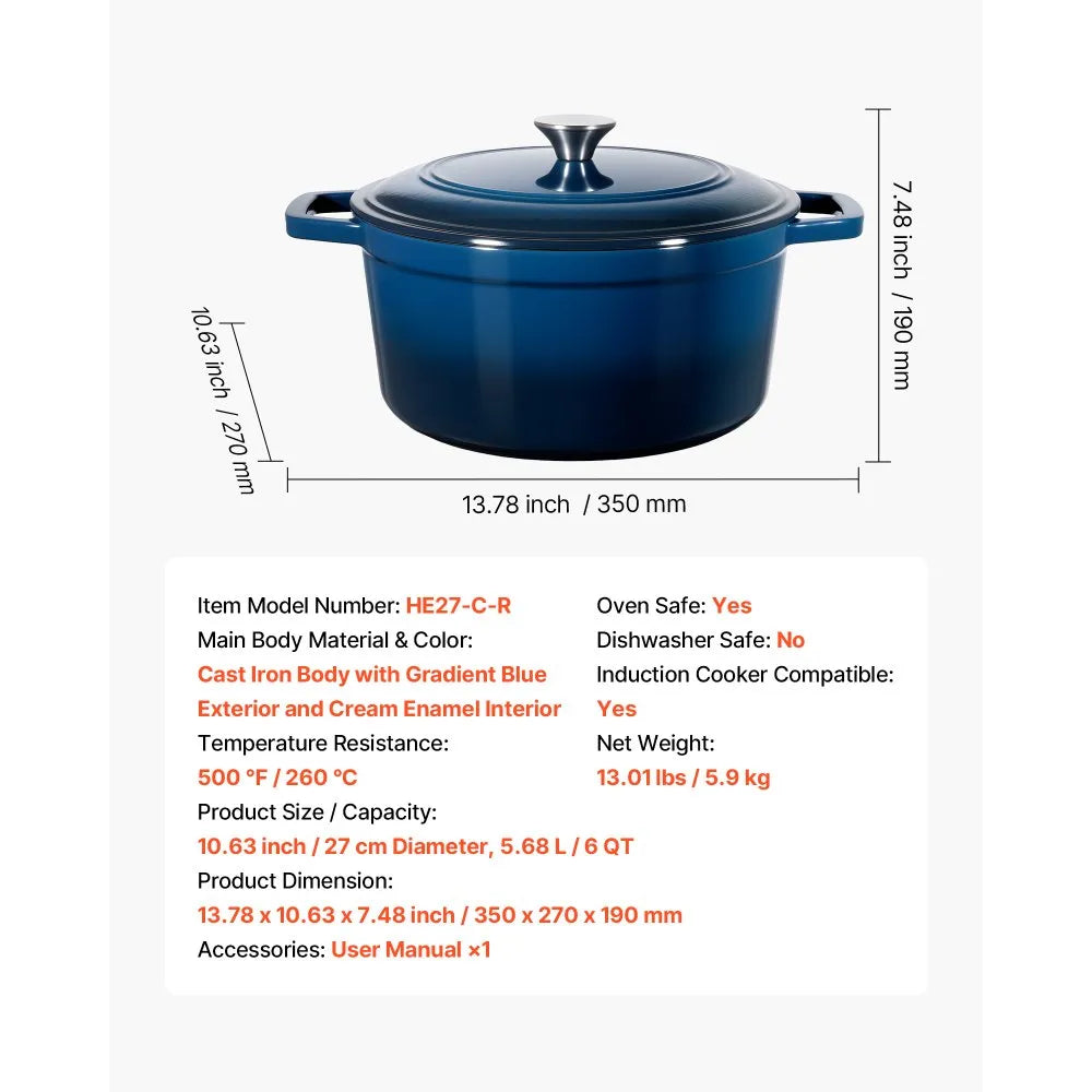 VEVOR Enameled Cast Iron Dutch Oven, 6 Quart Pot with Lid and Dual Handles, Heavy-Duty Durable Cookware Pan, Oven Induction Compatible up to 500℉, for Braising, Stews, Roasting, Bread Baking, Blue