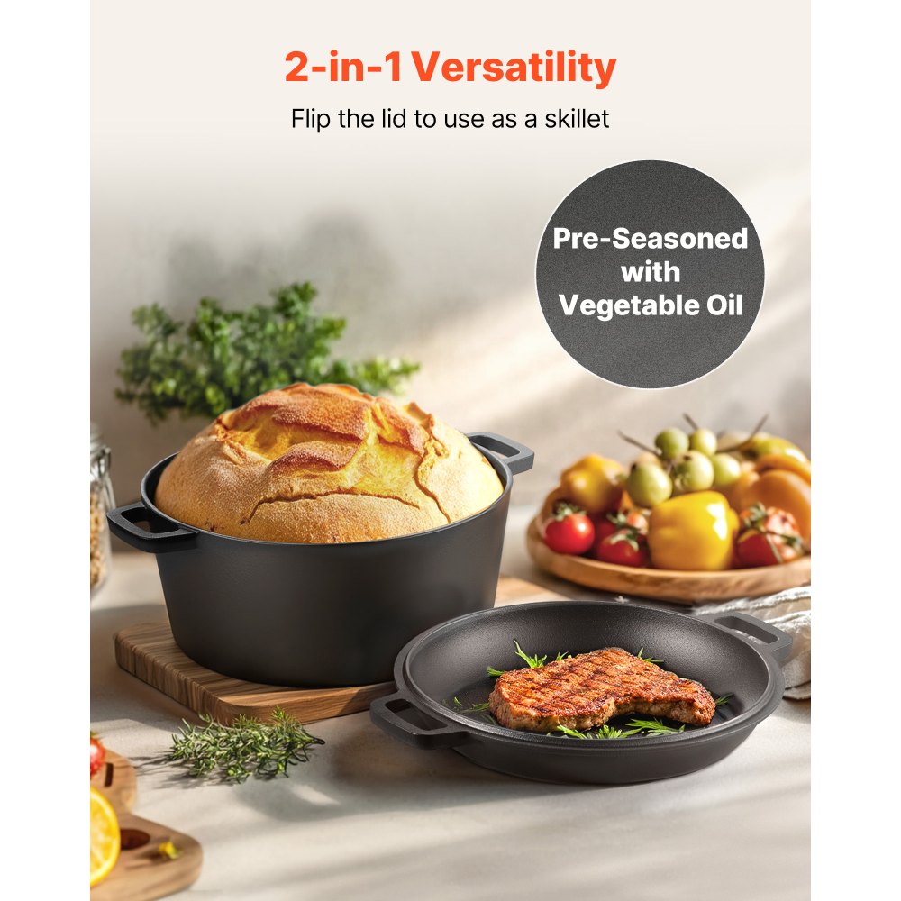 VEVOR Cast Iron Dutch Oven, 2-in-1 Pre-Seasoned Pot with Skillet Lid, 5QT Cookware Pan with Proofing Basket, Bread Baking Accessories, Bread-Oven Compatible 500℉