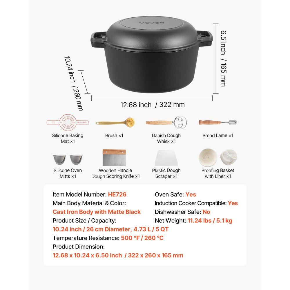 VEVOR Cast Iron Dutch Oven, 2-in-1 Pre-Seasoned Pot with Skillet Lid, 5QT Cookware Pan with Proofing Basket, Bread Baking Accessories, Bread-Oven Compatible 500℉