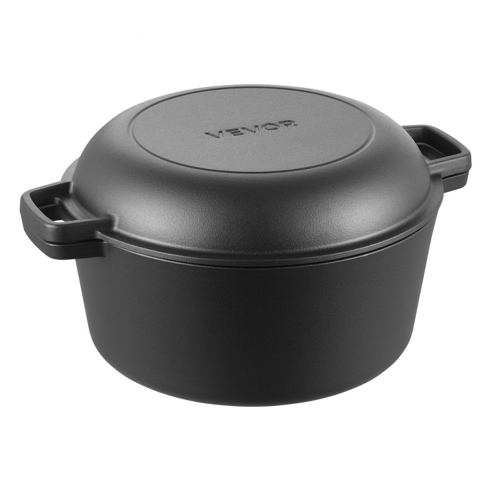 VEVOR Cast Iron Dutch Oven, 2-in-1 Pre-Seasoned Pot with Skillet Lid, 5QT Cookware Pan with Proofing Basket, Bread Baking Accessories, Bread-Oven Compatible 500℉