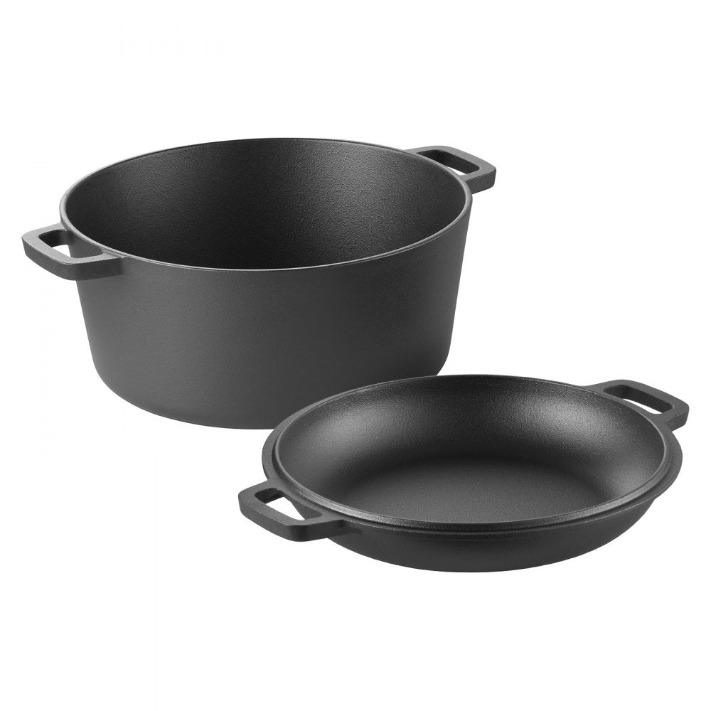VEVOR Cast Iron Dutch Oven, 2-in-1 Pre-Seasoned Pot with Skillet Lid, 5QT Cookware Pan with Proofing Basket, Bread Baking Accessories, Bread-Oven Compatible 500℉