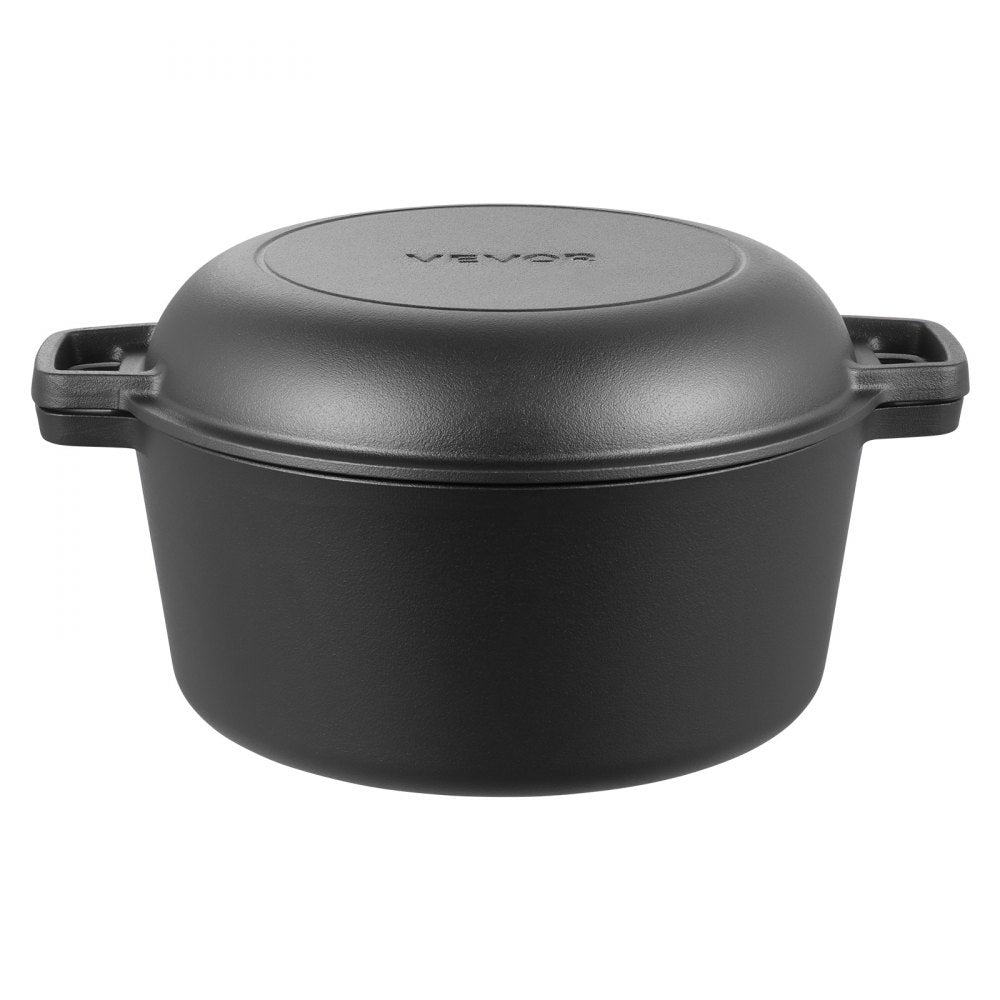 VEVOR Cast Iron Dutch Oven, 2-in-1 Pre-Seasoned Pot with Skillet Lid, 5QT Cookware Pan with Proofing Basket, Bread Baking Accessories, Bread-Oven Compatible 500℉