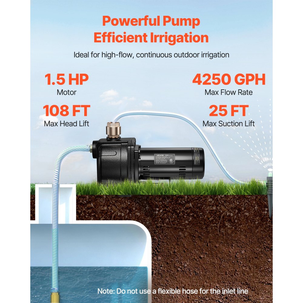 VEVOR 1.5 HP Shallow Well Jet Pump, AC 115/230 Volt, 4250 GPH Dual Voltage Cast Iron Well Jet Pump, with 108 ft Max Head Lift, Easy Voltage Switching, for Garden Irrigation, Lawn Sprinkler System
