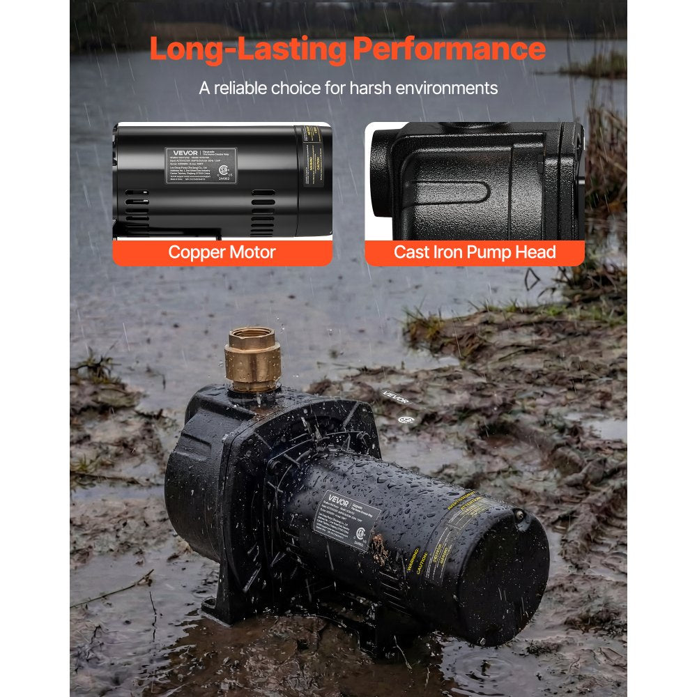 VEVOR 1.5 HP Shallow Well Jet Pump, AC 115/230 Volt, 4250 GPH Dual Voltage Cast Iron Well Jet Pump, with 108 ft Max Head Lift, Easy Voltage Switching, for Garden Irrigation, Lawn Sprinkler System